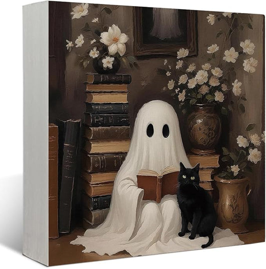 Mtrgdn Cute Halloween Decor,Halloween Decorations Indoor,Ghost with Black Cat Desk Decor Wooden Box Sign,Halloween Home Office Kitchen Bathroom Bedroom Coffee Bar Table Shelf Wall Decorations,5x5 Inch