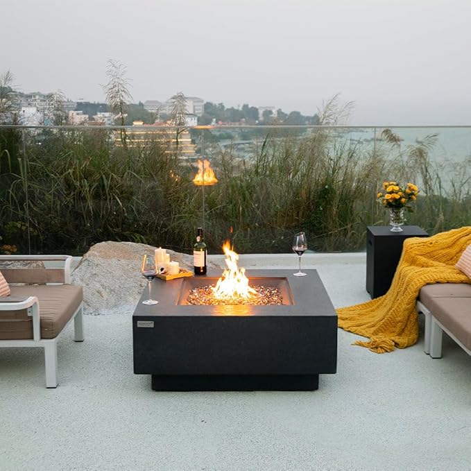 Bergen Concrete Fire Pit 40" x 40" Patio Firepit Includes Fire Glass Modern Fire Pits & Outdoor Fireplaces for Garden, Deck, Indoor & Outdoor Heating
