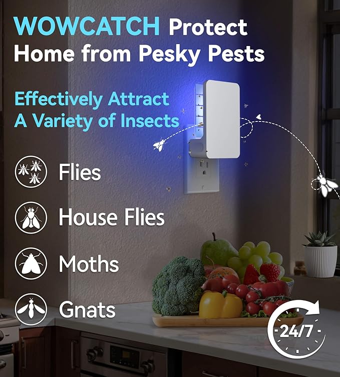 Innovative Double-Sided Flying Insect Trap for House Indoor, Plug-in Light Bug Catcher Killer for Flies, Fruit Fly, Gnats, Mosquito, Moths, Best Home Sticky Traps (2 Devices 6 Cards)