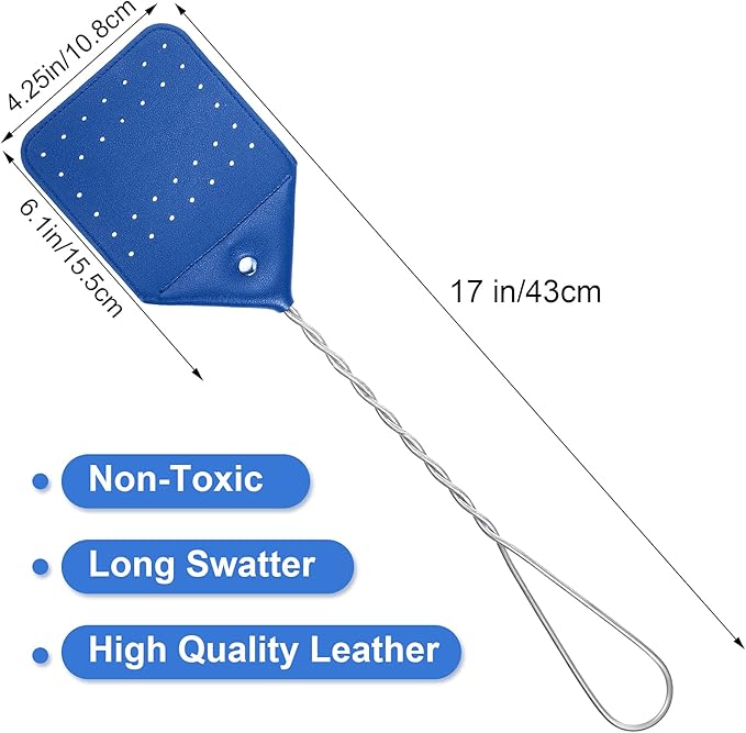 Zopeal 4 Pcs Sturdy Leather Fly Swatter 17 Inch Long Handle Manual Swat Heavy Duty Metal Handle Flyswatter Rustic Fly Swatter for Indoor Outdoor(Royal Blue, Black, Khaki, Dark Brown)