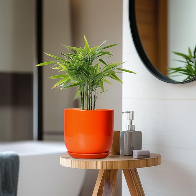 7 Inch Plant Pot - Ceramic Planter with Drainage Hole and Saucer, Modern Round Ceramic Flower Pot for Indoor Outdoor Plants, Plant Lover Gifts, Home Garden Office Decor, Orange