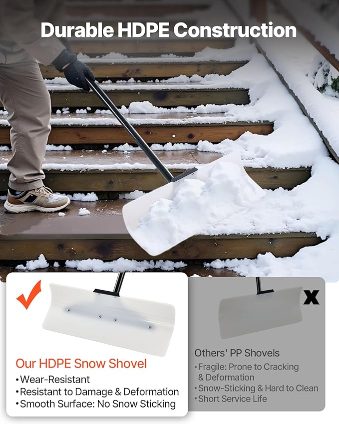 VEVOR Snow Pusher, 24 inch Wide Push Snow Shovel Plow for Driveway, Sidewalks and Doorways with Segmented Handle, Ergonomic Grip and HDPE Plastic Blade