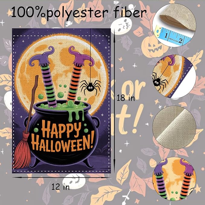 Fokongna Halloween Garden Flag, Happy Halloween Witch Feet Garden Flag, 12x18 Inch Burlap Vertical Double Sided Flags, for Home Yard Outside Decorations