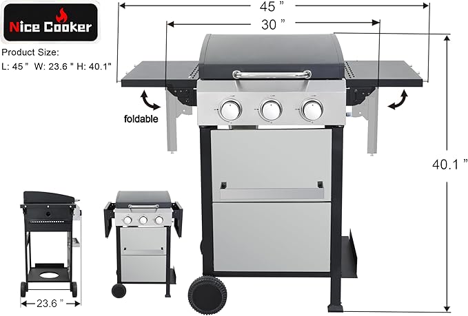 3-Burner Flat Top Propane Gas Grill Stainless Steel Griddle Combo with Foldable Side Table, 36,900 BTU Outdoor BBQ Grill, Porcelain-Enameled Cast Iron Grids, for Backyard, Patio Cooking