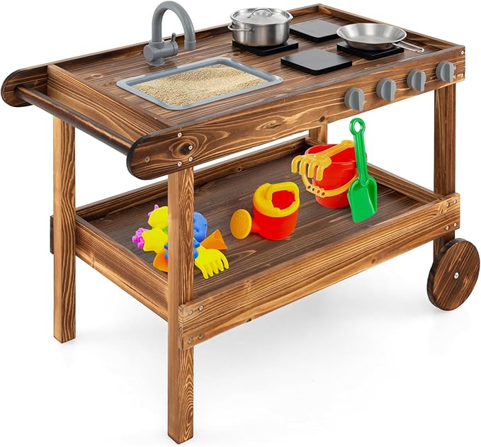 Honey Joy Mud Kitchen with Wheels - Fir Wood Outdoor Play Kitchen for Toddlers, Garden Sink, Stoves, Storage Shelf, Kids Outdoor Backyard Kitchen Playset
