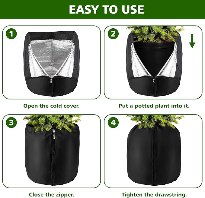 2 Pcs Plant Pot Covers Freeze Protection for Winter - Potted Plant Winter Protection Frost Jacket with Zipper Drawstring to Keep Outdoor Plants Flowers Shrubs Trees Warm (17.7"D x 19.7"H - Black)
