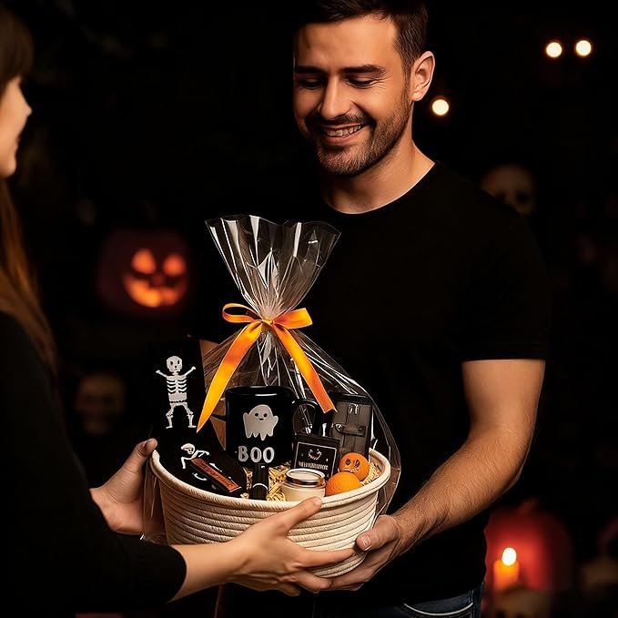 Pro Goleem Small Woven Basket with Gift Bags and Ribbons Durable Baskets for Halloween Gifts Empty Small Rope Basket for Storage 12"X 8" X 5" Baby Toy Baskets with Handles, White