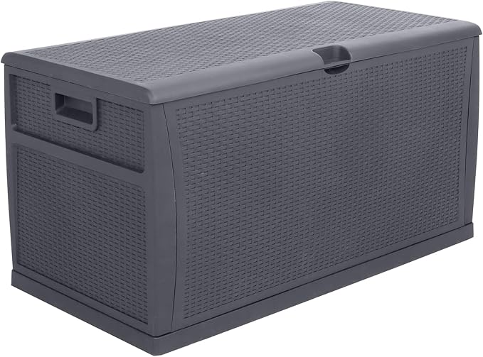 VINGLI Upgraded 120 Gallon Outdoor Storage Box, Lockable Plastic Storage Containers with Lid, Rattan Grain Surface Deck Box Patio Furniture for Garden, Pool, Balcony, Yard (Grey)
