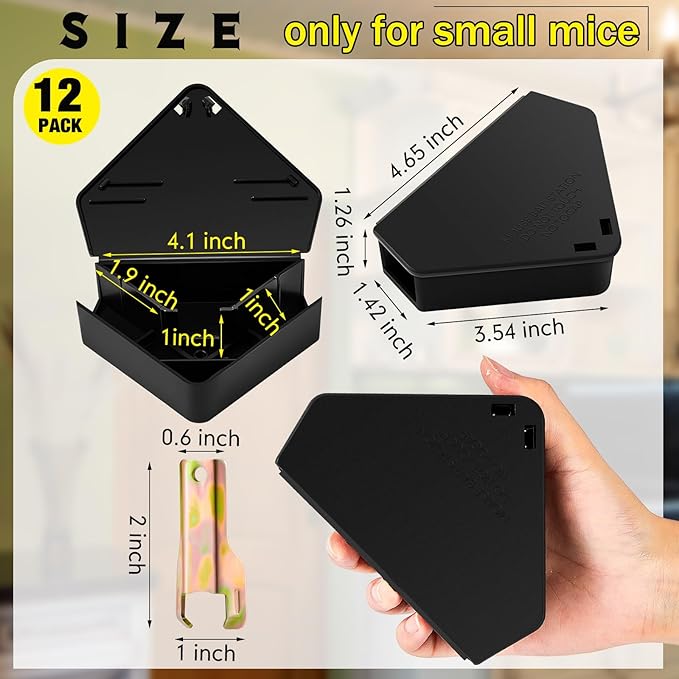 Qualirey 12 Pcs Mice Station with Key Triangle Bait Station Reusable Rodent Trap Bait Box, Keeps Children and Pets Safe Indoor & Outdoor, Bait Not Included, Suitable for Small Mice (Black)