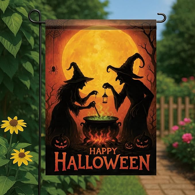 Happy Halloween Garden Flag Witches Cauldron Full Moon Flag 12x18 Inch Double Sided Outdoor Yard Banner for Trick or Treat Haunted House Halloween Decoration Decor