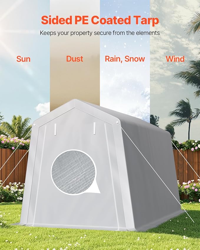 VEVOR Outdoor Storage Shed, 7 x 12 ft Portable Storage Tent with Roll-up Door & Vents, Waterproof Canopy Shed Shelter, Heavy Duty Frame, Patio Garage Carport for Motorcycle, Lawn Mower, Bike, Grey