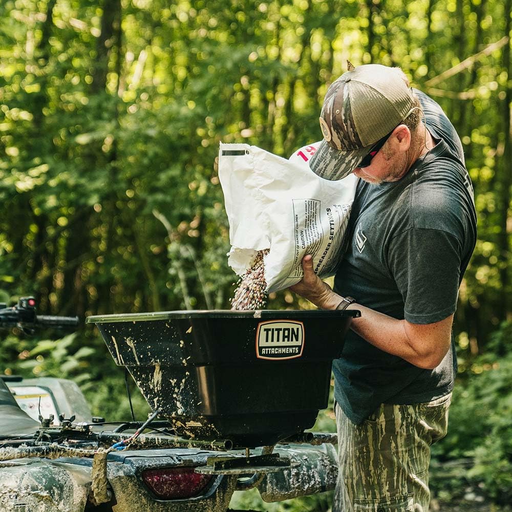 Titan Attachments 12 Volt ATV/UTV Broadcast Spreader, 80 LB Capacity, Back or Front Mounting for ATV, UTV, Or Utility Tractor, Lawn and Garden Seed Spreader with Rain Cover