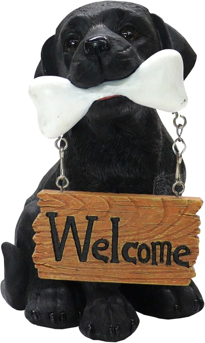 Nature's Mark Black Labrador Retriever Dog Puppy Statue with Welcome Sign Resin Garden Statue Decor 6.7" H