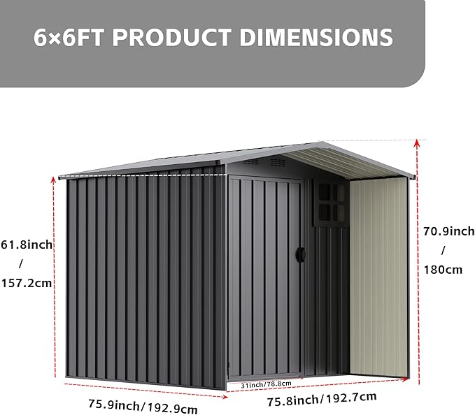 Modern 6×6 FT Metal Outdoor Storage Shed with Windows, Stylish Lockable Waterproof Garden Tool Shed, Contemporary Storage Shed for Lawn Mower & Backyard Patio, Dark Gray (No Floor)