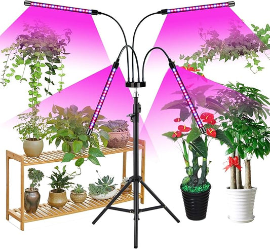 Grow Lights with Stand,4 Goosenecks Floor Plant Light for Indoor Plants,10 Dimmable Levels & Auto On/Off Timer (3/9/12H Timer), Tripod Stand Plant Lamp Height Adjustable,Red and Blue Light.