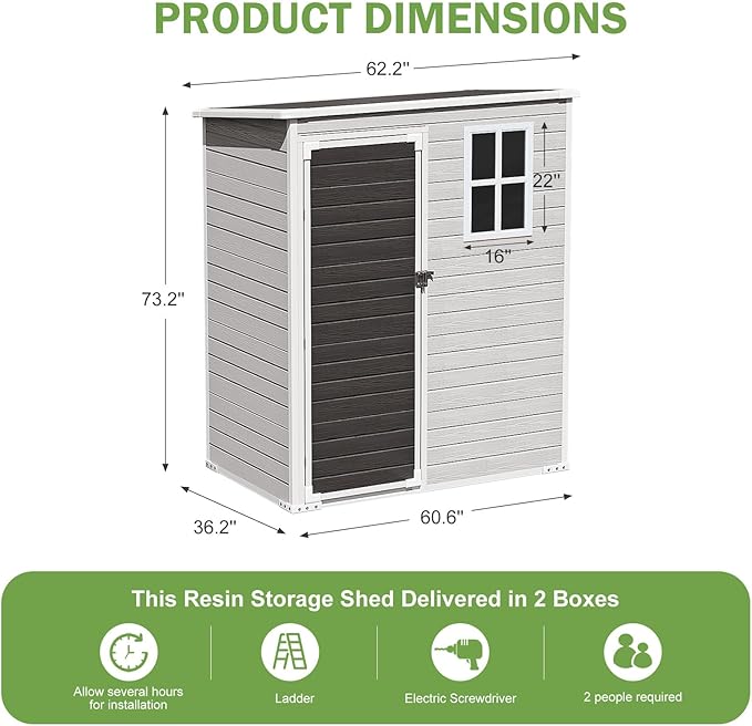 5x3 FT Outdoor Storage Shed, Waterproof Thicker Small Resin Shed with Floor & Lockable Door & Window & Vents, Plastic Tool Shed for Backyard, Patio, Poolside, Outside, Dove Grey
