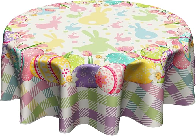 Giwawa Easter Tablecloth Round 60 Inches - Colorful Cute Bunnies Eggs Buffalo Check Plaid Table Cover Washable Stain and Wrinkle Resistant Reusable Table Cloth for Holiday Decor