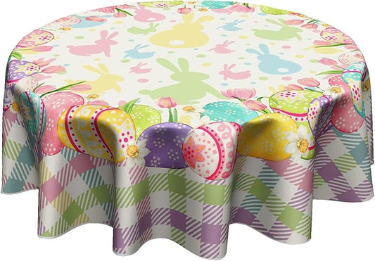 Giwawa Easter Tablecloth Round 60 Inches - Colorful Cute Bunnies Eggs Buffalo Check Plaid Table Cover Washable Stain and Wrinkle Resistant Reusable Table Cloth for Holiday Decor