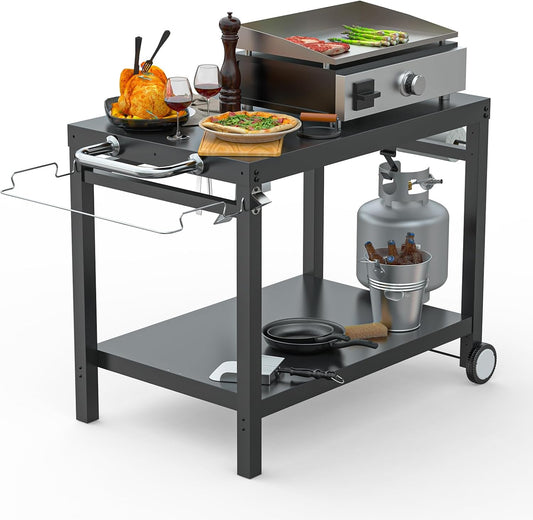 LS'BABQ Outdoor Grill Table Cart, Pizza Oven Stand, BBQ Prep Table with Trash Bag Holder Wheels & Hooks, Double-Shelf Movable Food Prep and Work Stand, Powder-Coated Steel Flattop Grill Cart