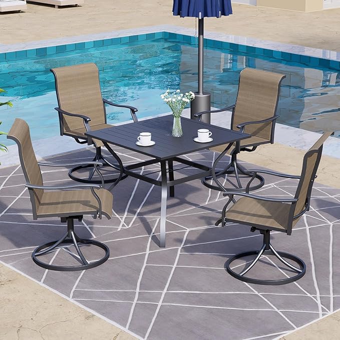5-Piece Outdoor Dining Set, 35'' Square Table with 4 Swivel Chairs, All Weather Frame Furniture Set - Brown Style1