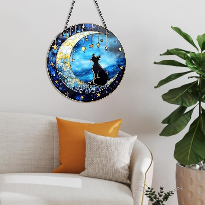 Black Cat Sun Catcher - Black Cat Bending Moon Acrylic Suncatcher Rainbow Maker Stained Acrylic Window Hanging Ornament Indoor Outdoor Decoration Home Garden Decor Chain Pendant Memorial