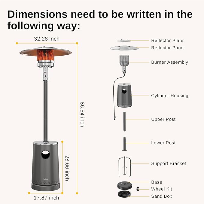 EAST OAK 55,000 BTU Patio Heater with Sand Box, Table Design, Thicker Stainless Steel Burner, Wheels, Triple Protection System, Propane Outdoor Heater for Home and Residential, Commercial Grade, Grey
