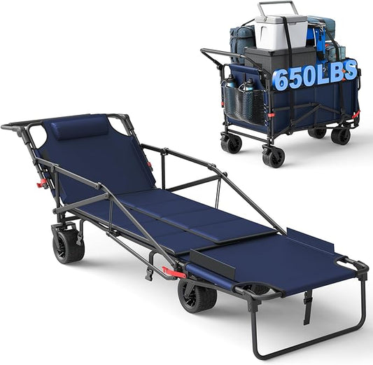 LEVELEVE Heavy Duty Folding Wagon - 2-in-1 Collapsible Cart, 650lb Capacity, All-Terrain Wheels w/Brakes & Side Pockets (Blue)