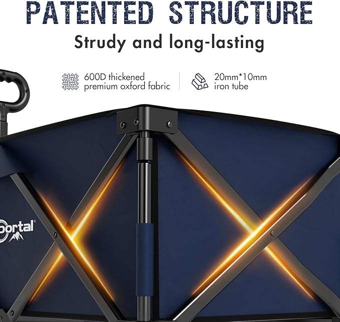 PORTAL Collapsible Wagon with Brakes, Heavy Duty Utility Cart with All-Terrain Wheels, Portable Folding Wagons for Camping, Beach, Garden, Shopping, and Groceries