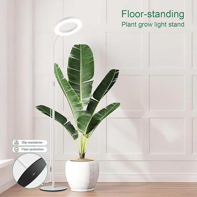 LBW Full Spectrum Grow Light with Stand – Auto Timer (4/8/12H), 4 Dimmable Levels, Adjustable Height (48.8-64.6"), Ideal for Large Indoor Plants, White