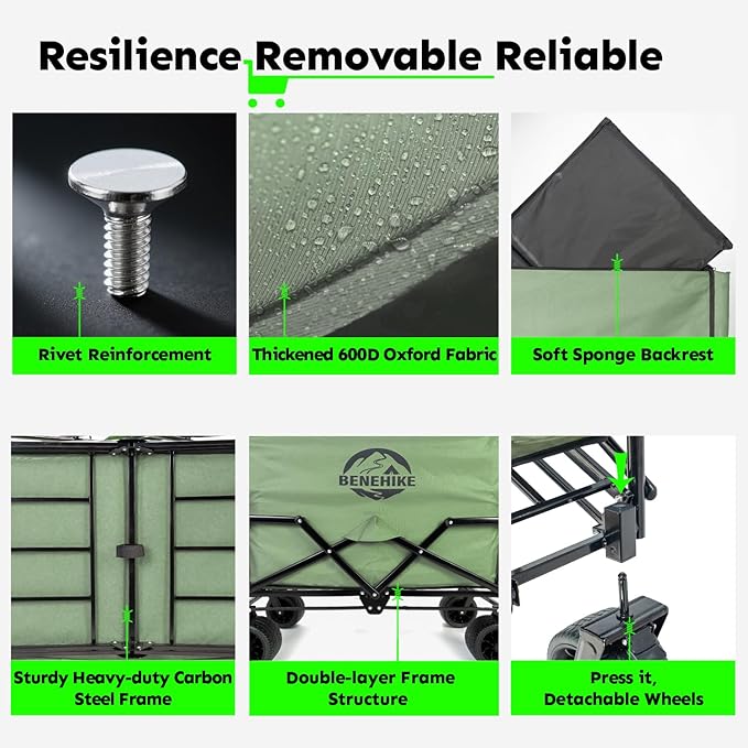 3-in-1 Large Collapsible Folding Wagon, BENEHIKE Foldable Beach Wagon with Rotated Wheels, 500lbs/225L Outdoor Utility Wagon Convert to Bench for Sand, Groceries, Camping, Sports, Shopping (Green)