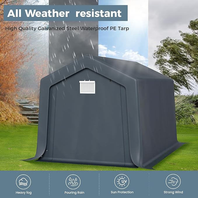 GREEN PARTY Storage Shelter Shed, 8x12 ft Portable Shed Outdoor Carport with Roll-up Zipper Door & Vents, Outdoor Storage Shed Portable Garage for Motorcycle, Bike, Waterproof & UV Protected, Gray