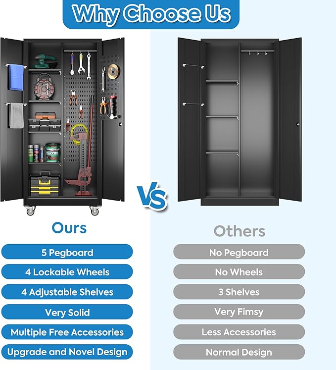 71" H Broom Closet Storage Cabinet with Wheels and Pegboard,Metal Garage Storage Cabinet with Lockable and Magnetic Doors,Adjustable Shelves for Garage Home Office,Required Assembly,Black