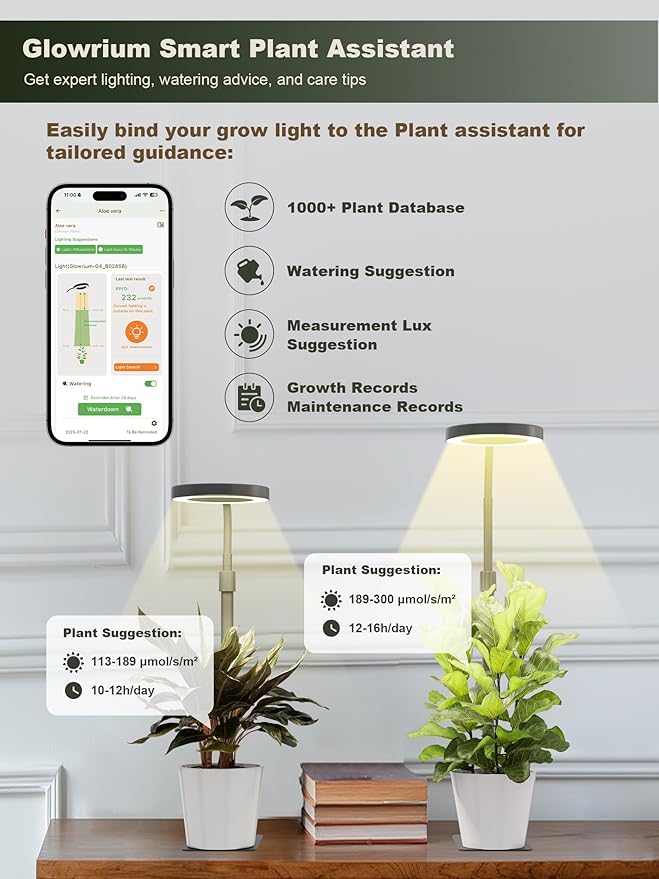 GLOWRIUM Smart LED Grow Lights for Indoor Plants, Desk Plant Light with Bluetooth App Control, 12W Full Spectrum Grow Lamp, Height Adjustable 16"-23", Auto Timer, Watering Reminder for Small Plants