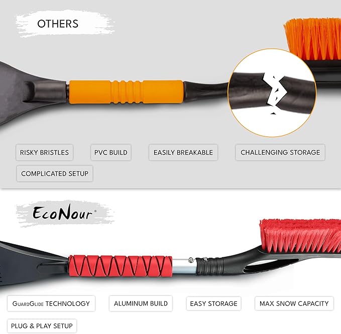 EcoNour 27" Car Snow Brush and Ice Scrapers for Car Windshield (Red- 2 Pack) | Scratch Free Bristle Head Snow Brush & Tough Window Snow Scraper with Aluminium Body