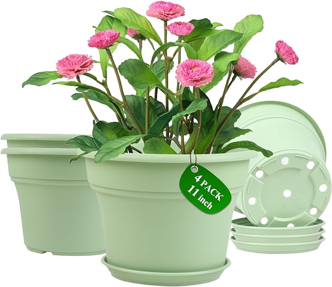 11 Inch Plastic-Flower-Pot-for-Indoor-Plants, 4 Pack Large Outdoor Planter Pot with Drainage Holes & Saucers, Resin Decorative Garden Pots Planters
