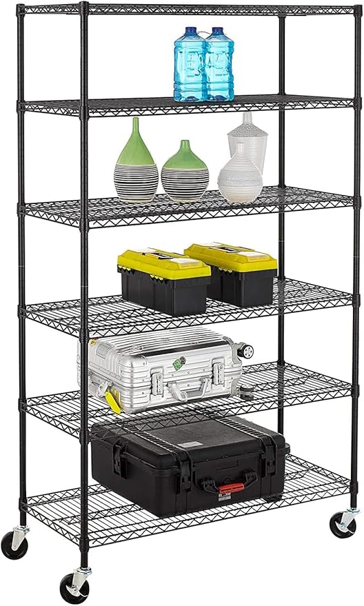 FDW 48" L×18" W×76" H Wire Shelving Unit Metal Shelf with 6 Tier Casters Adjustable Layer Rack Strong Steel for Restaurant Garage Pantry Kitchen Garage,Black