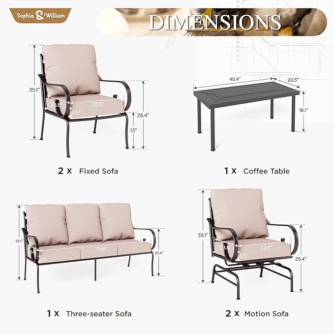 Sophia & William Patio Furniture Set Outdoor Couch Sofa, 6 Piece Outdoor Conversation Sets 7 Seat Clearance with 3-seat Sofa x 1, Rocking Chair x 2, Cushioned Chair x 2, Metal Coffee Table x 1, Beige