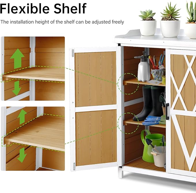 Potting Bench Outdoor Cabinet with Metal Tabletop, Wooden Storage Cabinets Weatherproof for Outside, Planting Work Benches with Adjustable Shelf, Doors for Garden Patio Lawn