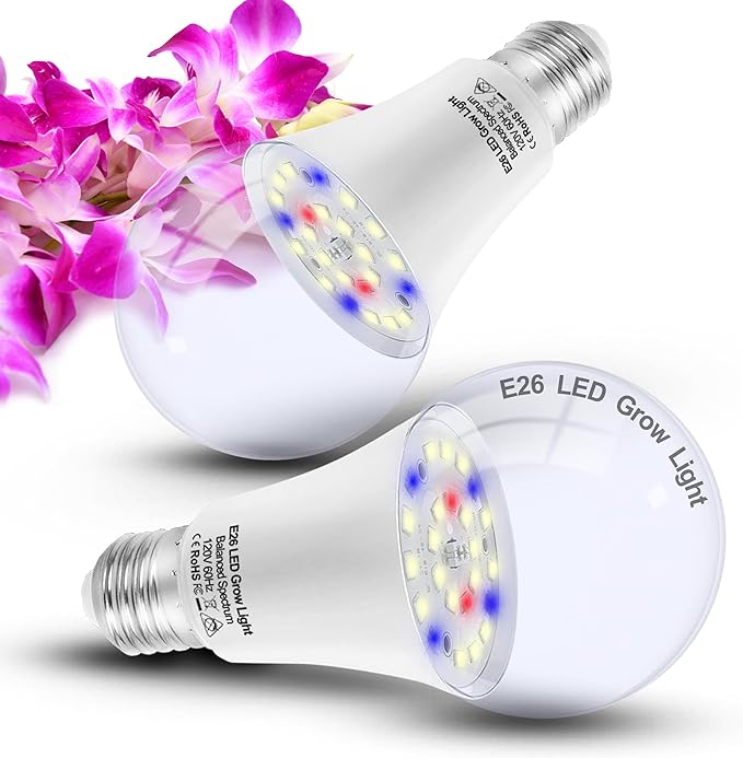 Full Spectrum Plant Grow Light Bulbs E26 A19 10W,Plant Growing Lamp Bulbs with Balanced Spectrum 5000K White Blue Red Yellow for Indoor Seeds Greens Laboratory Greenhouse Garden Hydroponic,2Pcs