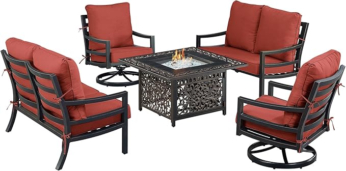 Oakland Living Black Aluminum Patio Fire Table Set with Two Deep Seating Loveseat with Cushions and Two Club Chairs with Red Cushions