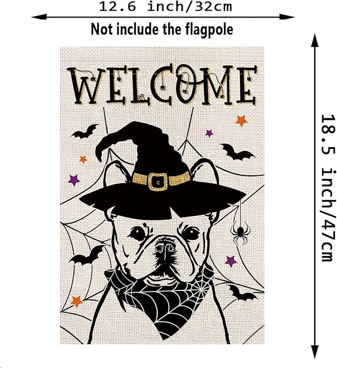 Halloween Garden Flag French Bulldog Cobweb Bats Double Sided Vertical Welcome Flag Holiday Outdoor Yard Lawn Decorations 12.5 x 18 Inch