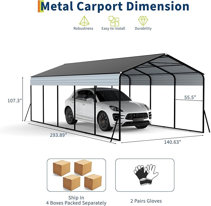 12x25 FT Heavy Duty Metal Carport with Galvanized Steel Frame & Roof, All-Weather Portable Car Garage Shelter, Metal Carports Garage for Cars, Trucks, Boats, Wind & Snow Resistant, Reinforced Base
