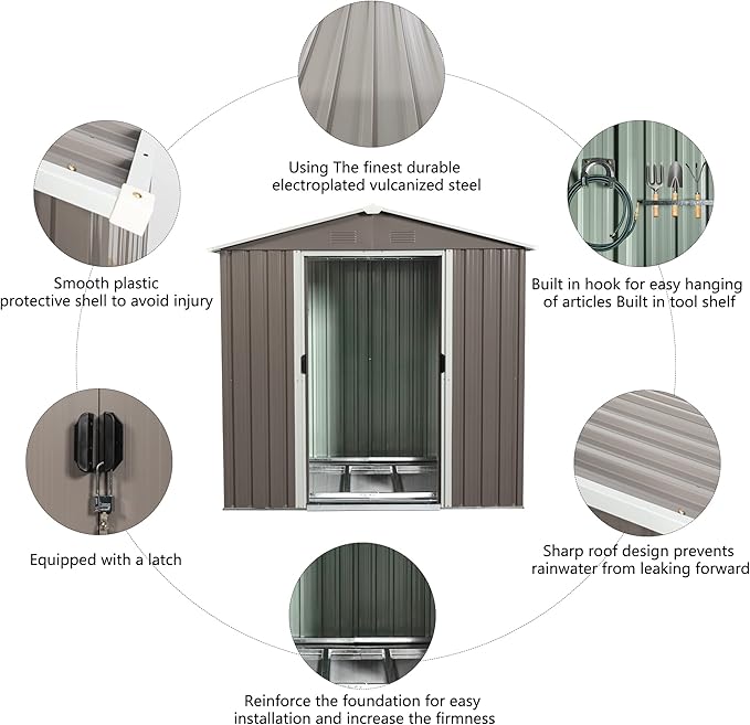 6x5 FT Outdoor Storage Shed, Metal Garden Shed with Frame Floor, Outside Tool Shed with Lockable Sliding Doors, Waterproof Storage Building with Sloped Roof for Backyard, Patio, Lawn, Warm Gray
