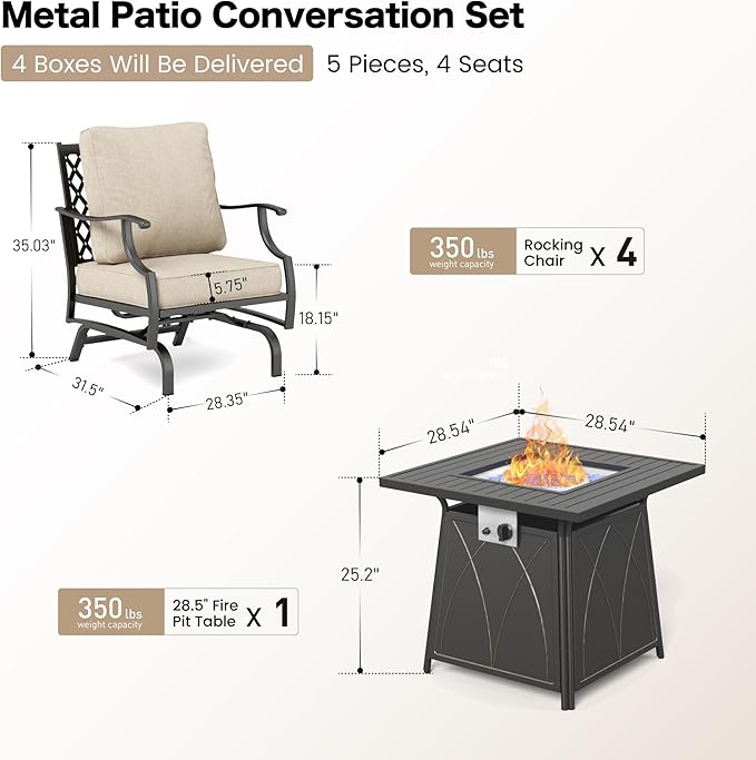 Patio Furniture Set with Firepit Table, 5 Piece Metal Outdoor Patio Furniture Set for 4, 4 Rocking Chairs with 5.75" Extra Thick Cushion and Gas Firepit Table for Backyard Deck Garden