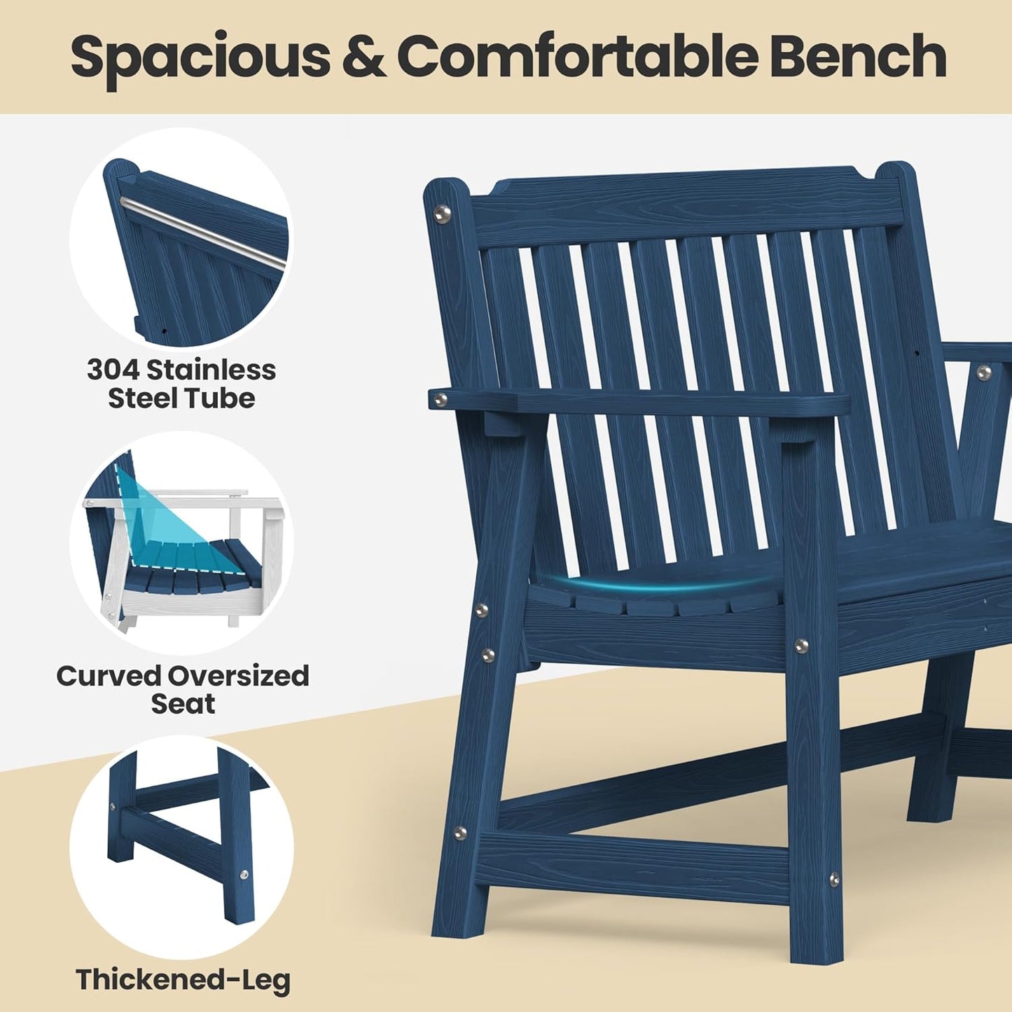 Ciokea 46" Heavy Duty Outdoor Bench Set of 2, HDPE Weatherproof Garden Bench, 2-Person Memorial Benches with 660 Lbs, Waterproof Patio Porch Benches for Outside Business Office Backyard, Navy Blue