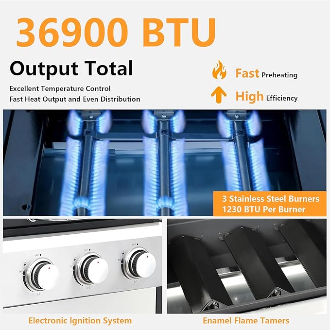 3-Burner Propane Gas BBQ Grill with Plate, 36900 BTU 2 in 1 Propane Griddle Grill Combo with 2 Foldable Side Table for Outdoor Cooking Camping Patio Backyard (3 burner +griddle)