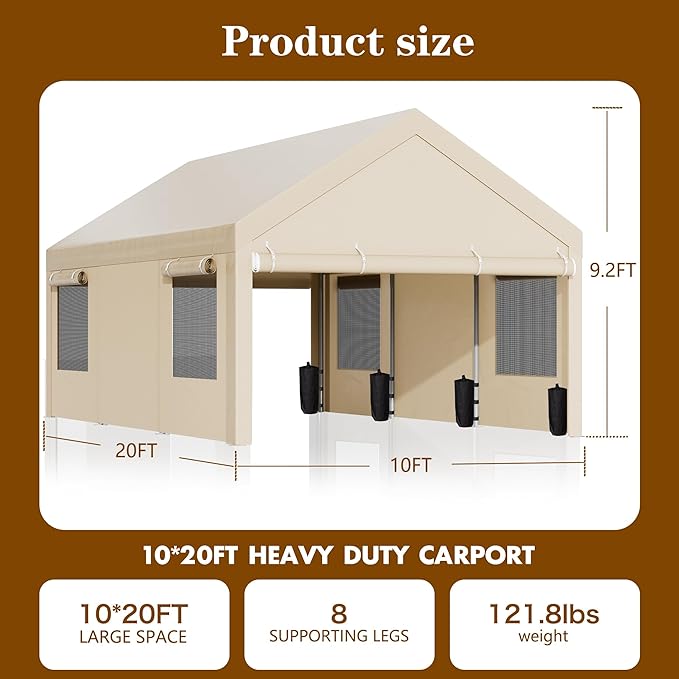 Nuturelly 10x20 FT Carport, Heavy Duty Carport Canopy with Roll-up Windows, Portable Garage with Removable Sidewalls & Doors, Car Canopy with All-Season PE Tarp for Car, Truck, Boat(Khaki)