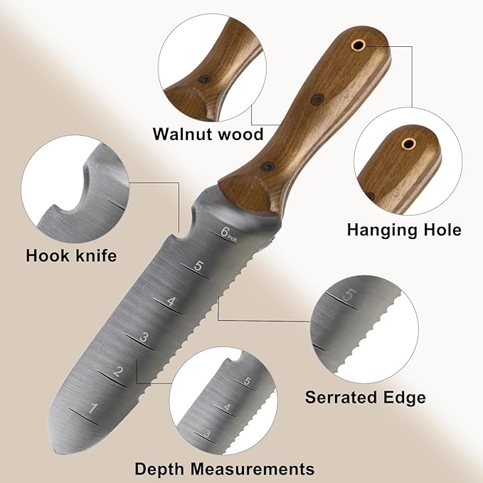 for Hori Hori Garden Knife,Garden Tools with Sheath for Weeding, Planting and Digging, 7" Stainless Steel Blade with Cutting Edge, Walnut Handle with Hanging Hole