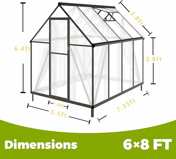6 x 8 FT Greenhouse for Outdoors,Aluminum Large Walk-in Greenhouse,Dark Gray