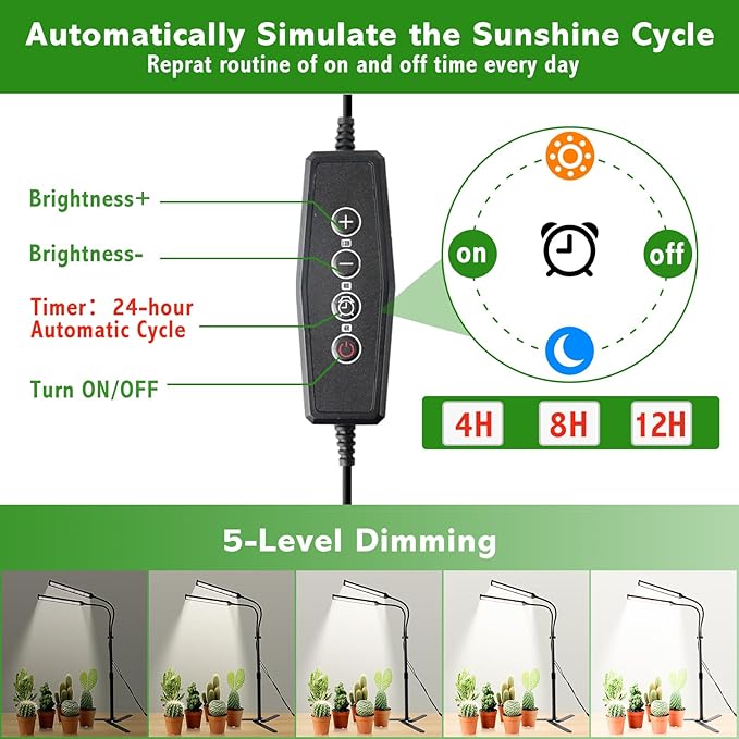 Grow Lights for Indoor Plants, Full Spectrum LED Plant Light Features a Telescoping Rod and a Collapsible Standing Base, Gooseneck, Dimmable, Auto Timer, for Succulents, Houseplants, Seedlings